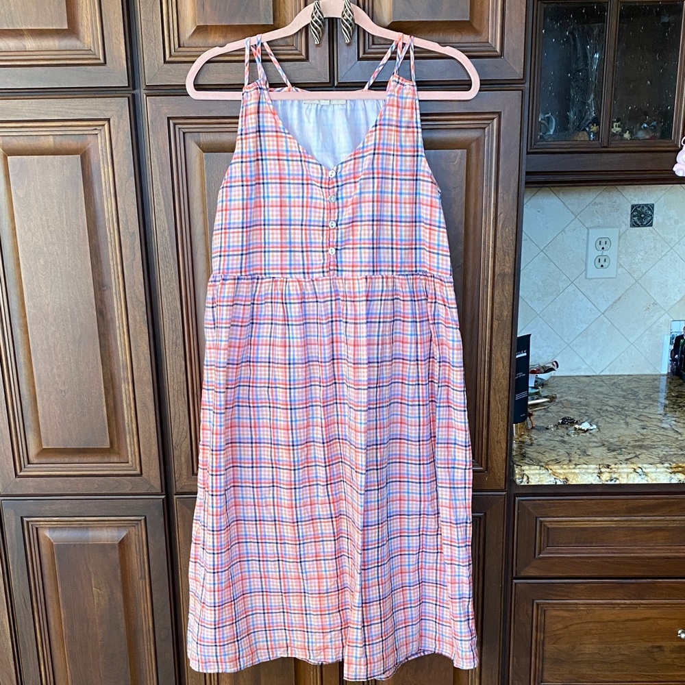 LOFT Pink and Blue Plaid Sleeveless Midi Dress